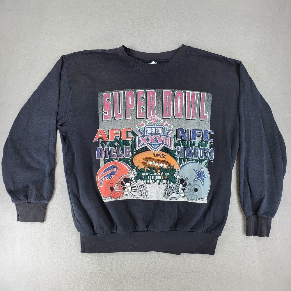 VTG Buffalo Bills Cowboys Super Bowl Crewneck Sz‎ L Distressed Black Lightweight